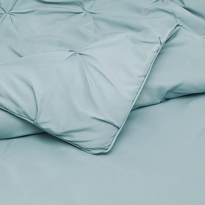 Amazon Basics All-Season Down-Alternative 3 Piece Comforter Bedding Set, Full/Queen, Spa Blue, Pinch Pleat With Piped Edges - LeafyLoom
