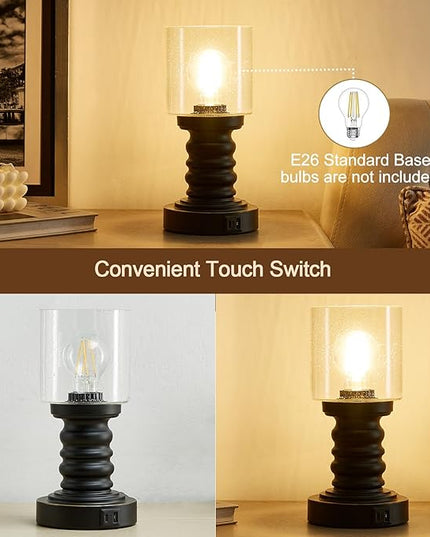 Industrial Table Lamp with Seeded Glass Shade, Small Table Lamp for Small Spaces, Touch Lamp with USB C and A Ports, Black Vintage Desk Lamp for Living Room, Bedroom, Den - LeafyLoom