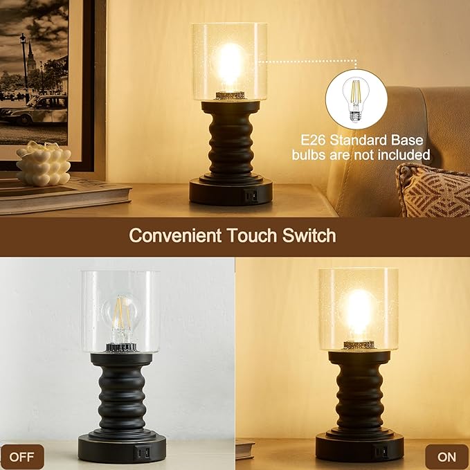 Industrial Table Lamp with Seeded Glass Shade, Small Table Lamp for Small Spaces, Touch Lamp with USB C and A Ports, Black Vintage Desk Lamp for Living Room, Bedroom, Den - LeafyLoom
