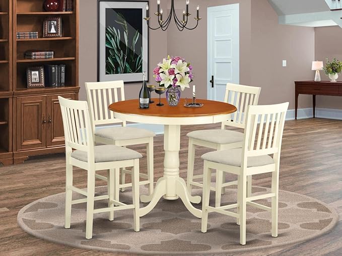East West Furniture JAVN5-WHI-C 5 Piece Counter Height Dining Table Set Includes a Round Wooden Table with Pedestal and 4 Linen Fabric Kitchen Dining Chairs, 36x36 Inch, Buttermilk & Cherry - LeafyLoom