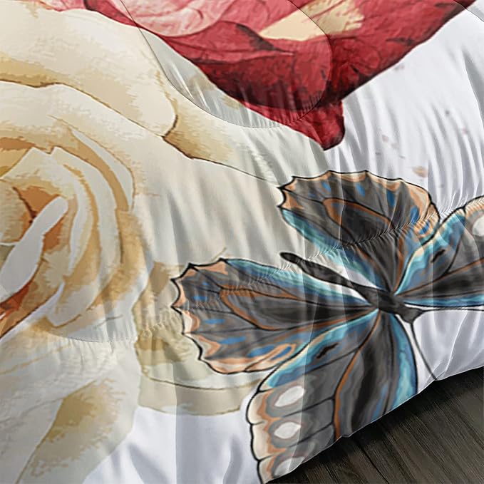 Butterfly Comforter Set for Girls Kids Adults Watercolor Butterfly Rose Bedding Set Aesthetics Butterflies Quilt Duvet Set Queen Size with 1 Comforter and 2 Pillowcases - LeafyLoom