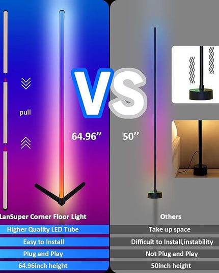 RGB Corner Floor Lamp, Color Changing Mood Lighting with App and Remote Control, Music Sync/DIY Colors, Modern LED Floor Lamp for Bedroom Living Rooms Gaming Room, 16 Million Colors & Scene Mode - LeafyLoom