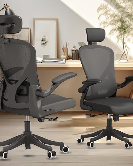 Ergonomic Office Chair Home Desk Office Chair with Flip-Armrest & Cushion for Lumbar Support, high Back Computer Chair with Thickened Cushion Desk Chairs Black - LeafyLoom