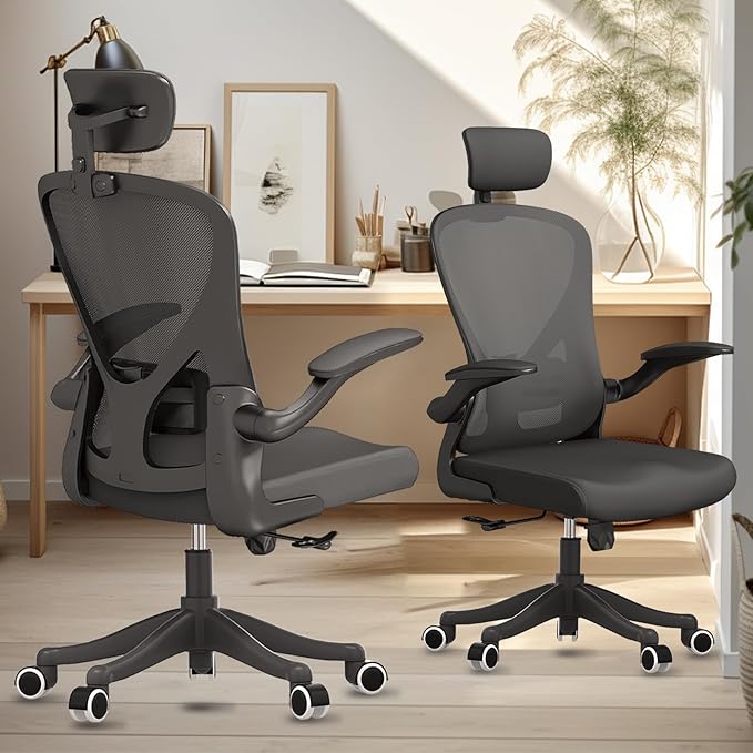Ergonomic Office Chair Home Desk Office Chair with Flip-Armrest & Cushion for Lumbar Support, high Back Computer Chair with Thickened Cushion Desk Chairs Black - LeafyLoom