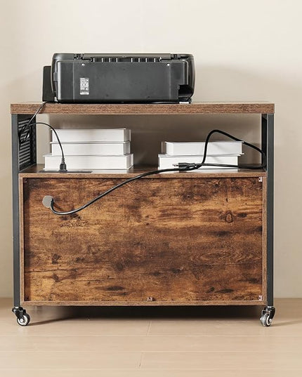 Door Locking Lateral File Cabinet with Charging Station, Rolling Printer Stand with Open Storage Shelf, Large Printer Stand with Storage fit A4/Letter Size for Home Office - LeafyLoom