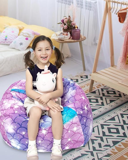 Stuffed Animal Storage Bean Bag Chair Cover, Hold Kids Plush Toys Blankets Towels Beanbag (Cover Only), Canvas Floor Circle Stuff Sit Seat Sofa with YKK Zipper, Large 32", Classic Mermaid - LeafyLoom