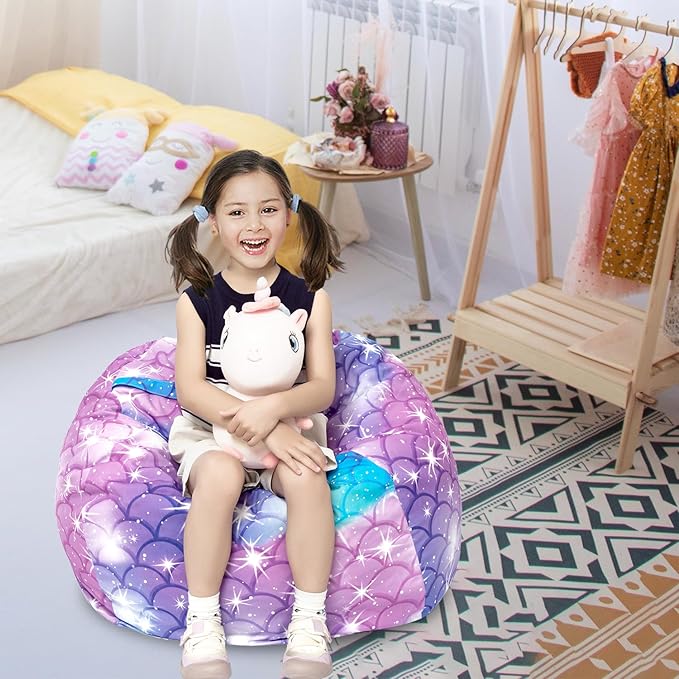 Stuffed Animal Storage Bean Bag Chair Cover, Hold Kids Plush Toys Blankets Towels Beanbag (Cover Only), Canvas Floor Circle Stuff Sit Seat Sofa with YKK Zipper, Large 32", Classic Mermaid - LeafyLoom