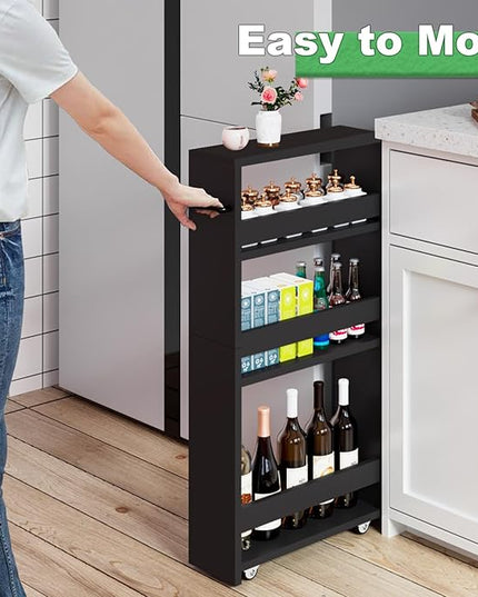 MARTY Slim Rolling Storage Cart 4-Tier Kitchen Cart on Wheels, Laundry Room Storage with Handle Slide Out Utility Cart Shelving Unit Organizer Trolley for Narrow Places Bathroom Small Corner, Black - LeafyLoom
