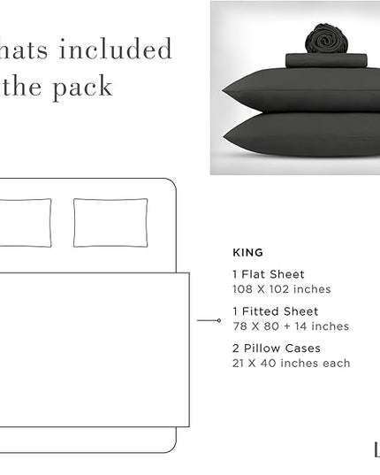 Linen Home Washed Cotton Percale King Sheet Set, Charcoal, Deep Pocket, 4 Pieces Bed Sheets - 1 Flat Sheet, 1 Fitted Sheet & 2 Envelope Closure Pillowcases, Cool and Comfortable Bed Linen - LeafyLoom