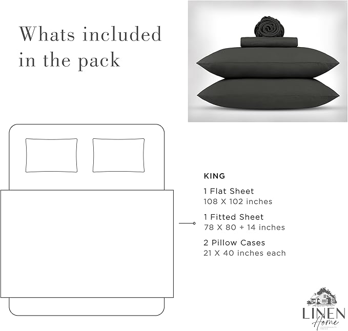 Linen Home Washed Cotton Percale King Sheet Set, Charcoal, Deep Pocket, 4 Pieces Bed Sheets - 1 Flat Sheet, 1 Fitted Sheet & 2 Envelope Closure Pillowcases, Cool and Comfortable Bed Linen - LeafyLoom