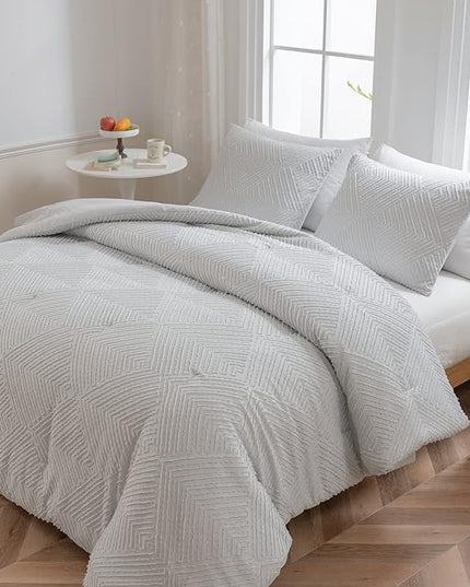California King Comforter Set Light Grey, Shabby Chic Tufted Design Cal Bed Comforter Fluffy for All Seasons 3PCS (1 Comforter 104"x96", 2 Pillowcases 20X36) - LeafyLoom