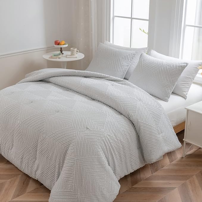 California King Comforter Set Light Grey, Shabby Chic Tufted Design Cal Bed Comforter Fluffy for All Seasons 3PCS (1 Comforter 104"x96", 2 Pillowcases 20X36) - LeafyLoom