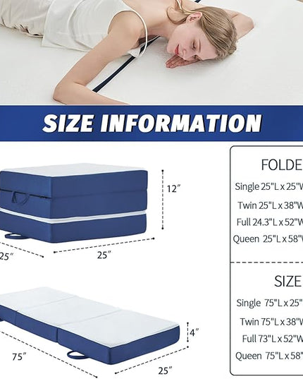 Memory Foam Single Folding Mattress Cot Mattress,4 Inch Foldable Mattress Topper with Cover, Breathable Floor Mattress Guest Bed for Travel/RV/Camping/Guest Room/Yoga (25"×75"×4") - LeafyLoom