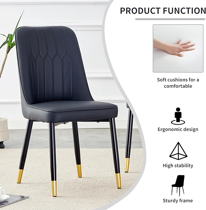 Modern Set of 4, Faux Leather Dining PU Upholstered Black Kitchen Chair Golden Metal Legs for Home Living Room, Restaurant, 4 Piece - LeafyLoom