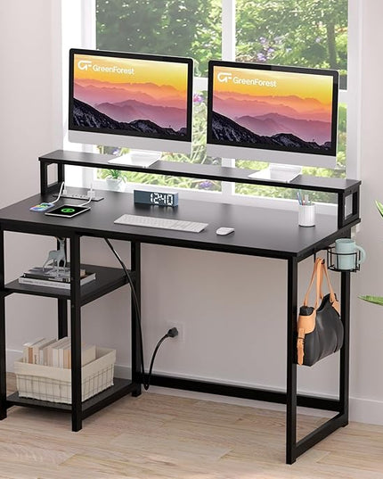 GreenForest Computer Desk with USB Charging Port and Power Outlet, Reversible Home Office Desk with Monitor Stand Storage Shelves for Small Space,47 in Work Desk with Cup Holder Hook,Black - LeafyLoom