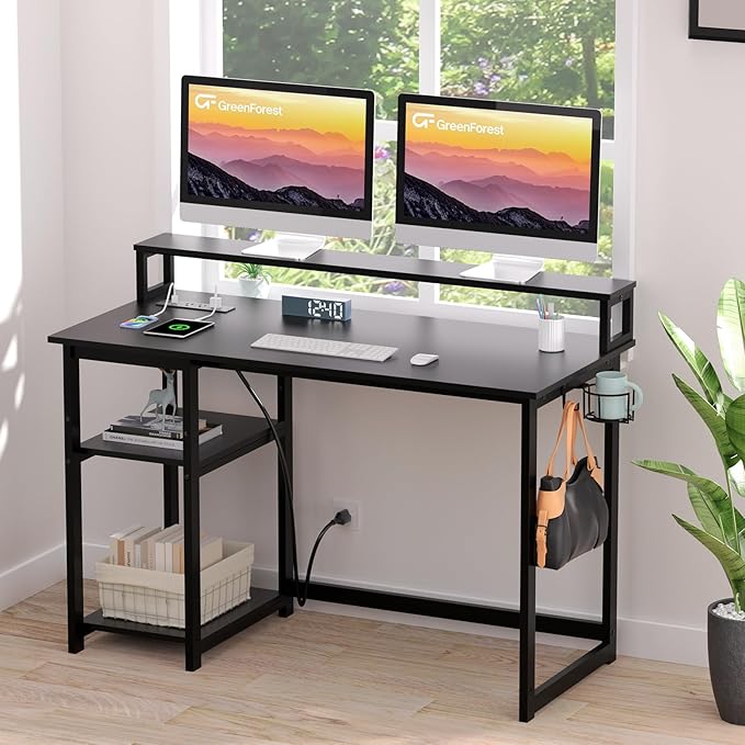 GreenForest Computer Desk with USB Charging Port and Power Outlet, Reversible Home Office Desk with Monitor Stand Storage Shelves for Small Space,47 in Work Desk with Cup Holder Hook,Black - LeafyLoom