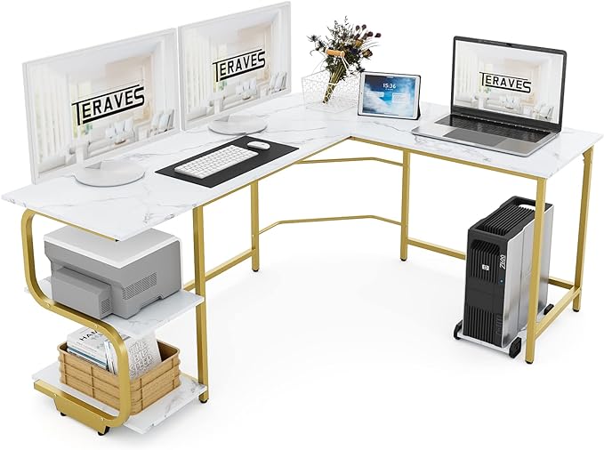Teraves Reversible L Shaped Desk with Large Surface, 69 Inch Sturdy Corner Desk with Storage Shelves, Premium Office Computer Desk Workstation for Home Office Gaming - LeafyLoom