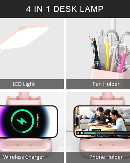 Desk Lamps for Home Office, LED Desk Lamp with Wireless Charger Pencil Holder, 3 Color Modes Dimming Desk Light for College Dorm Room, Girls Study Lamp with CRI 90+ 800 Lumen - Pink - LeafyLoom