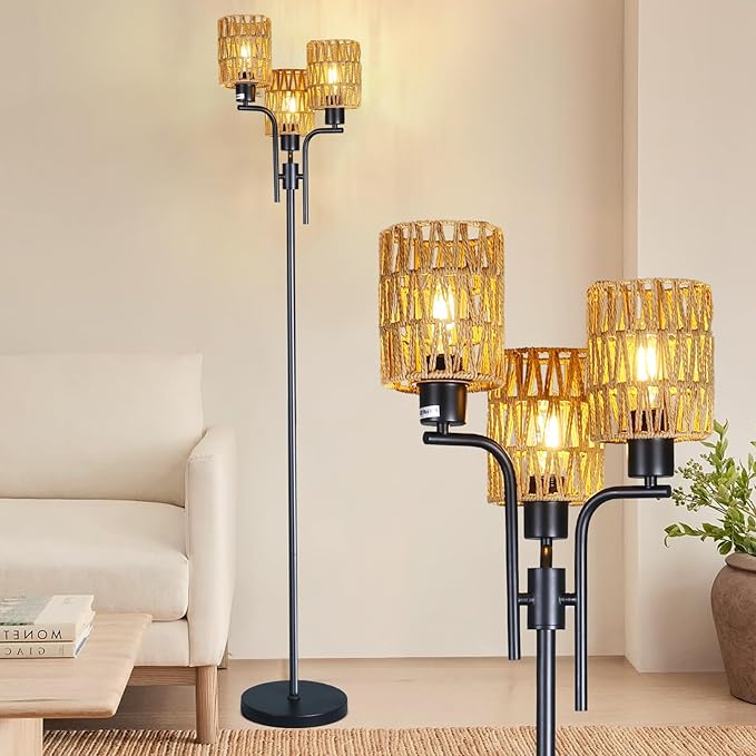 Ganeed Floor Lamps for Living Room,3 Lights Rattan Standing Tall Lamp with Foot Switch,360°Rotation Black Modern Woven Standing Floor Lamp for Bedroom Office - LeafyLoom