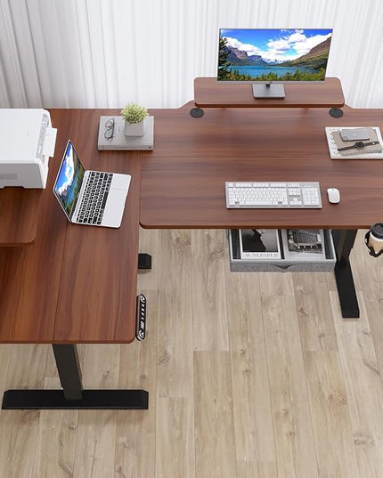 62x47 Inches L Shaped Electric Standing Desk with Drawer, Adjustable Height Sit Stand Up Desk with Storage Shelf, Dark Walnut Top/Black Frame - LeafyLoom