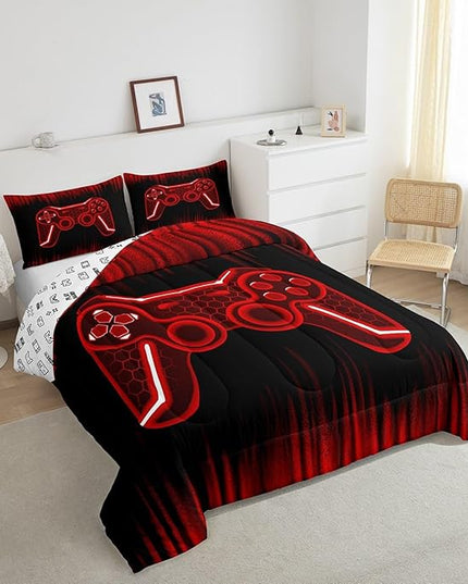 Feelyou Gamer Comforter Set Twin Size Kids Game Controller Comforter for Boys Teens Red Black Bedding Set Gaming Duvet Set Room Decor Quilt Set - LeafyLoom