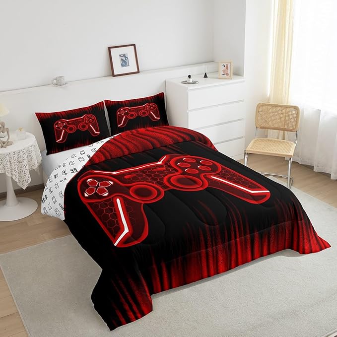 Feelyou Gamer Comforter Set Twin Size Kids Game Controller Comforter for Boys Teens Red Black Bedding Set Gaming Duvet Set Room Decor Quilt Set - LeafyLoom