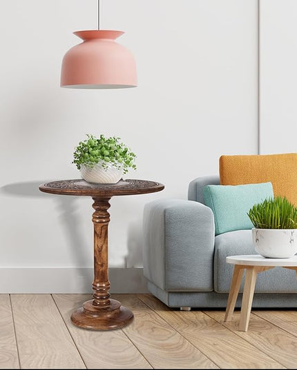 Round End Table,Small Table,Side Table, Side Tables Living Room,End Table,Round Side Table,Altar Table, Carved Side Table,Wood Accent Table,Carved Wood Table Single Pillar 18x22 inch Burnt - LeafyLoom