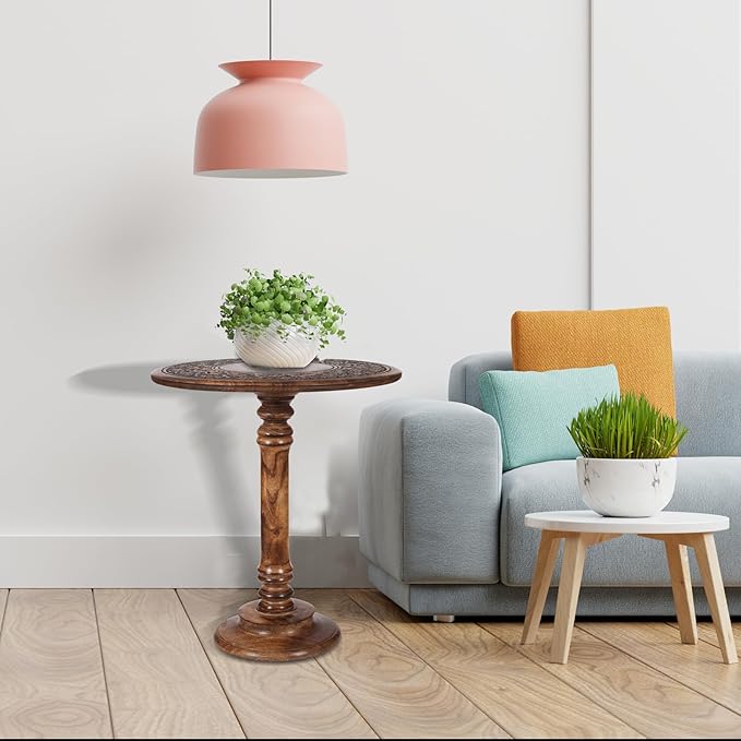 Round End Table,Small Table,Side Table, Side Tables Living Room,End Table,Round Side Table,Altar Table, Carved Side Table,Wood Accent Table,Carved Wood Table Single Pillar 18x22 inch Burnt - LeafyLoom
