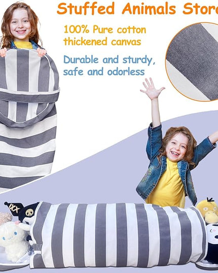 Stuffed Animal Storage Bean Bag Cover for Kids, Bean Bag Stuffed Animal Storage for Boys and Girls | Organize, Sit, Play, Box | X-Large, Cylinder, 2 Zippers at Both Ends, 100% Cotton Canvas - LeafyLoom