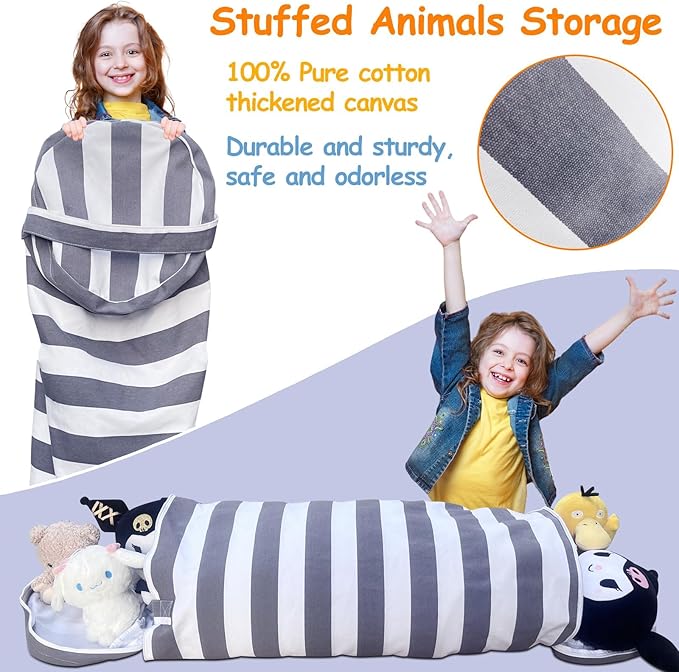 Stuffed Animal Storage Bean Bag Cover for Kids, Bean Bag Stuffed Animal Storage for Boys and Girls | Organize, Sit, Play, Box | X-Large, Cylinder, 2 Zippers at Both Ends, 100% Cotton Canvas - LeafyLoom