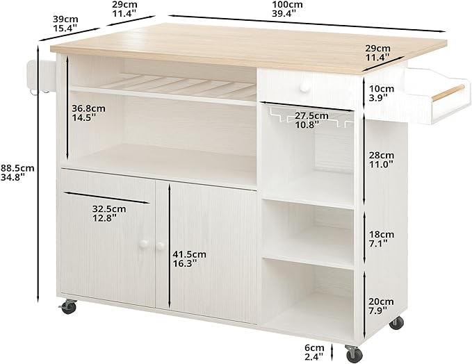 IRONCK Rolling Kitchen Island Cart with Drop-Leaf and Wine Rack, Microwave Rack Serving Cart on Wheels with Drawer & Shelves & Spice Rack & Cup Hanging, White - LeafyLoom