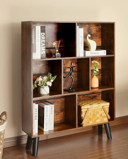 LEYAOYAO Cube Bookshelf 3 Tier Mid-Century Rustic Brown Modern Bookcase with Legs,Retro Wood Bookshelves Storage Organizer Shelf,Freestanding Open Book Shelves for Bedroom,Living Room,Office - LeafyLoom