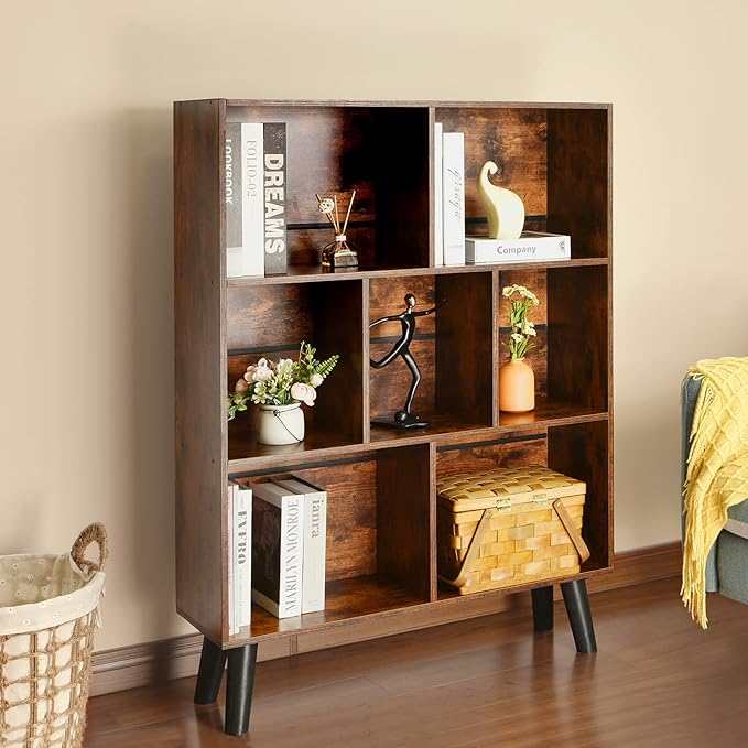 LEYAOYAO Cube Bookshelf 3 Tier Mid-Century Rustic Brown Modern Bookcase with Legs,Retro Wood Bookshelves Storage Organizer Shelf,Freestanding Open Book Shelves for Bedroom,Living Room,Office - LeafyLoom
