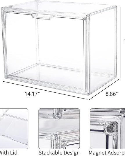 FABROK Clear Book Storage Organizer Box, Plastic Stackable Book Display Case with Magnetic Door, Assemble Storage Showcase for Toy Dolls, Books, Handbags, Shoes Organizing - LeafyLoom
