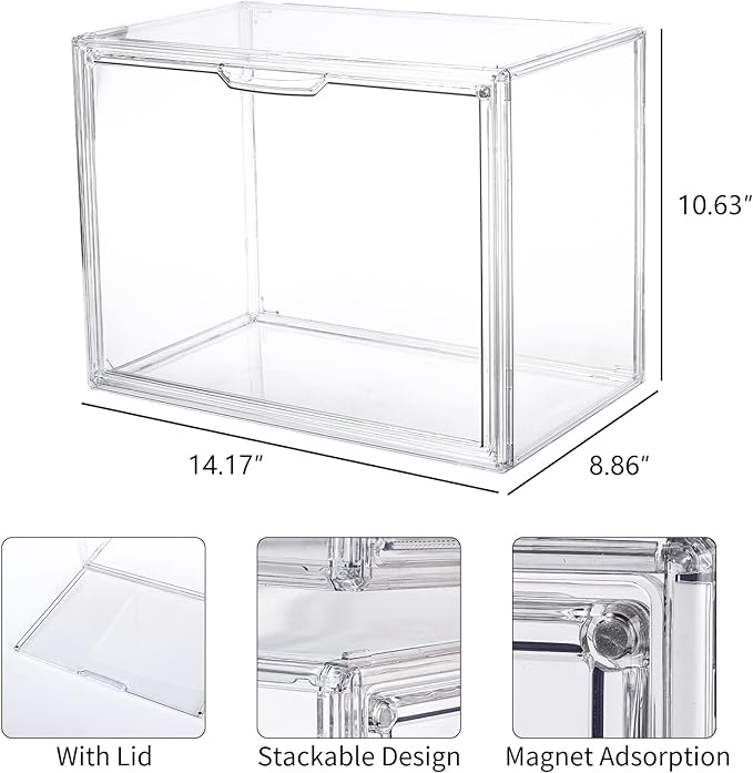 FABROK Clear Book Storage Organizer Box, Plastic Stackable Book Display Case with Magnetic Door, Assemble Storage Showcase for Toy Dolls, Books, Handbags, Shoes Organizing - LeafyLoom