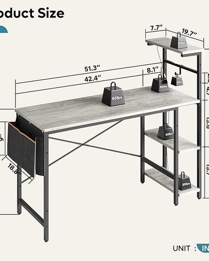 Bestier Gaming Desk with LED Lights, Computer Desk with 4 Tiers Reversible Shelves, 51.3 Inch Home Office Writing Desk with Side Storage Bag, Hooks and Height Adjustable Shelf (Retro Grey Oak) - LeafyLoom