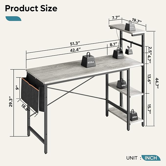 Bestier Gaming Desk with LED Lights, Computer Desk with 4 Tiers Reversible Shelves, 51.3 Inch Home Office Writing Desk with Side Storage Bag, Hooks and Height Adjustable Shelf (Retro Grey Oak) - LeafyLoom