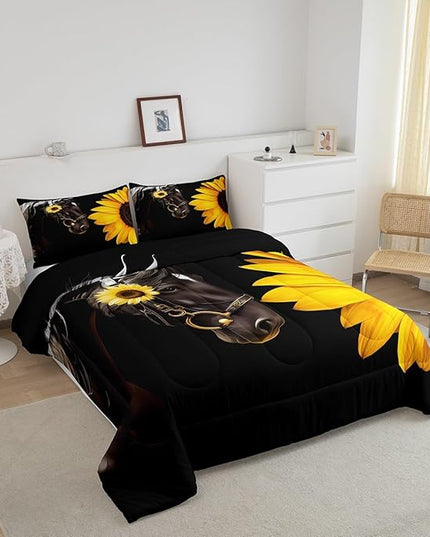 Erosebridal Horse Comforter Set King,Sunflower Horse Bedding Set for Boys Girls Teens Adults,Western Cowboy Farmhouse Down Comforter Farm Animal Quilt Duvet Sets Bedroom Decor 2 Pillow Cases Black - LeafyLoom