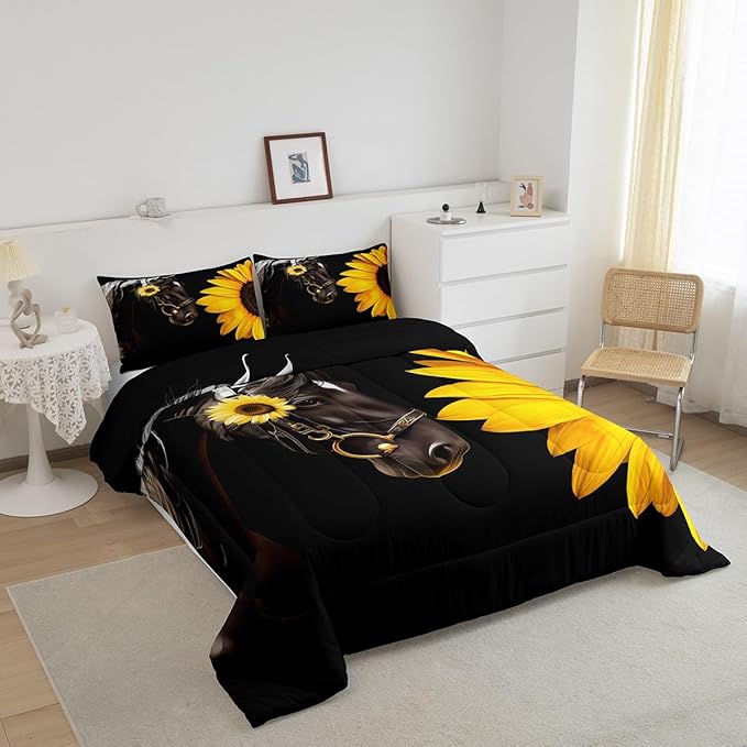 Erosebridal Horse Comforter Set Queen,Sunflower Horse Bedding set for Boys Girls Teens Adults,Western cowboy Farmhouse Down Comforter farm animal Quilt Duvet Sets Bedroom Decor 2 Pillow Cases Black - LeafyLoom