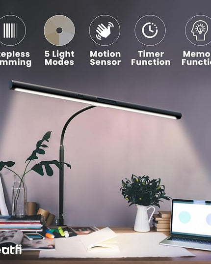 Neatfi LED Desk Lamp with Clamp and Base, Motion Sensor, Touch Control, 1100 Lumens, 5 Brightness Levels, 5 Light Modes, Steplessly Adjustable, 60-min Timer, Ideal for Home, Study, Reading (Black) - LeafyLoom