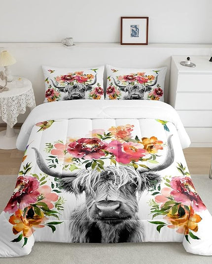 Erosebridal Highland Cow Floral Comforter Set Queen Size Bull Cattle Flower Bedding Set Wildlife Farmhouse Cow Quilt Hummingbird Duvet Insert Soft All Season White Down Comforter with 2 Pillowcases - LeafyLoom