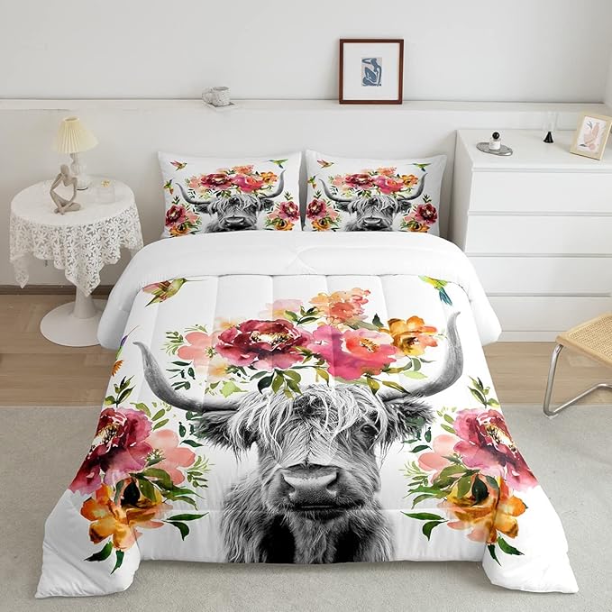 Erosebridal Highland Cow Floral Comforter Set King Size Bull Cattle Flower Bedding Set Wildlife Farmhouse Cow Quilt Hummingbird Duvet Insert Soft All Season White Down Comforter with 2 Pillowcases - LeafyLoom