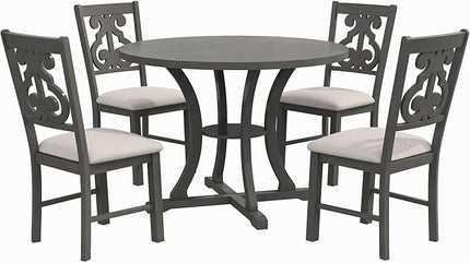 5-Piece Round Dining Set, Include Solid Wood Table with Storage Shelf, Special-shaped Legs and an Exquisitely Designed Upholstered Chair for Diningroom, Living Room, Kitchen, Brown+Grey - LeafyLoom
