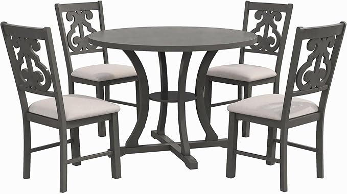 5-Piece Round Dining Set, Include Solid Wood Table with Storage Shelf, Special-shaped Legs and an Exquisitely Designed Upholstered Chair for Diningroom, Living Room, Kitchen, Brown+Grey - LeafyLoom