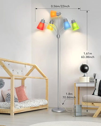 FOLKSMATE LED Floor Lamp, Medusa Multi-Head Modern Tall Standing Lamps, Adjustable Corner Reading Floor Light for Living Room, Bedroom, Kid Room, Classroom, Colored Lampshades, Silver Grey - LeafyLoom