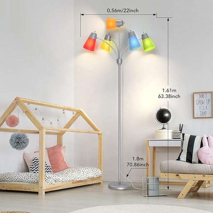 FOLKSMATE LED Floor Lamp, Medusa Multi-Head Modern Tall Standing Lamps, Adjustable Corner Reading Floor Light for Living Room, Bedroom, Kid Room, Classroom, Colored Lampshades, Silver Grey - LeafyLoom