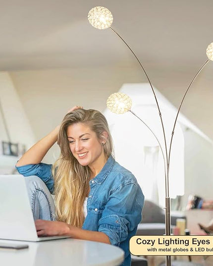 DLLT Floor Lamps for Living Room, 3-Light Chrome Arc Standing Lamp, 86.6" Modern Tall Tree Floor Lamp with Adjustable Arms, Multi-Head LED Floor Lamps for Bedroom, Study, Office, G9 Bulbs Included - LeafyLoom