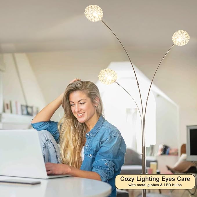 DLLT Floor Lamps for Living Room, 3-Light Chrome Arc Standing Lamp, 86.6" Modern Tall Tree Floor Lamp with Adjustable Arms, Multi-Head LED Floor Lamps for Bedroom, Study, Office, G9 Bulbs Included - LeafyLoom