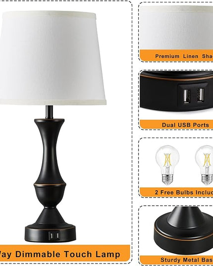 Luvkczc Table Lamps for Bedrooms Set of 2, Touch Bedside Lamps with USB C+A Ports, 3-Way Dimmable White Nightstand lamps, Bed lamp for Reading, Office, Bulbs Included - LeafyLoom