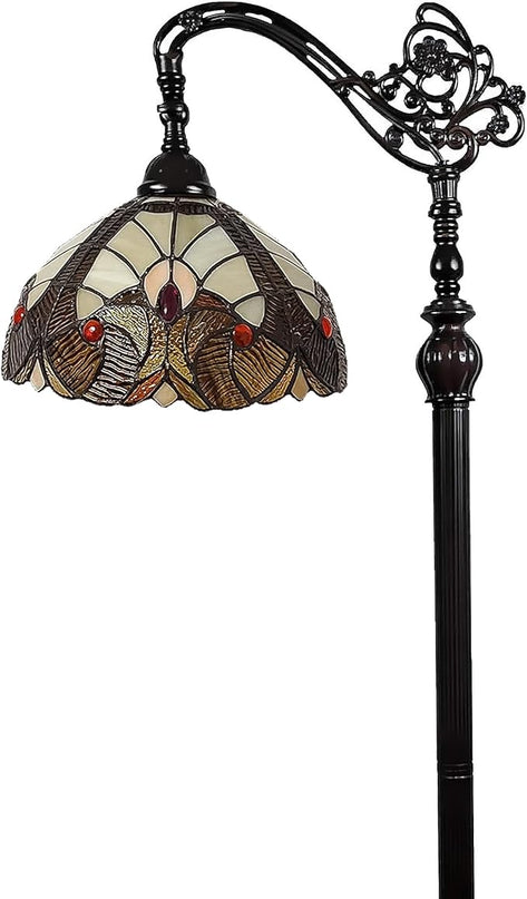 Amora Tiffany Style Floor Lamp Arched Vintage Antique 62" Tall Stained Glass Brown Red Tan Traditional Light Decor Bedroom Living Room Reading Gift AM344FL12 Lighting - LeafyLoom
